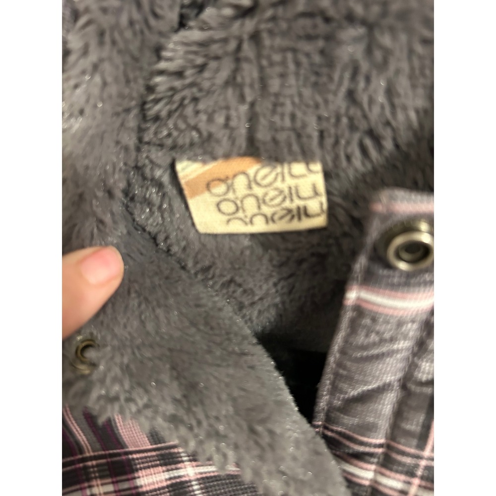 O'Neill Womens Plaid Hooded Puffer Vest Faux Fur Lined Grey Purple Large L - Picture 2 of 8